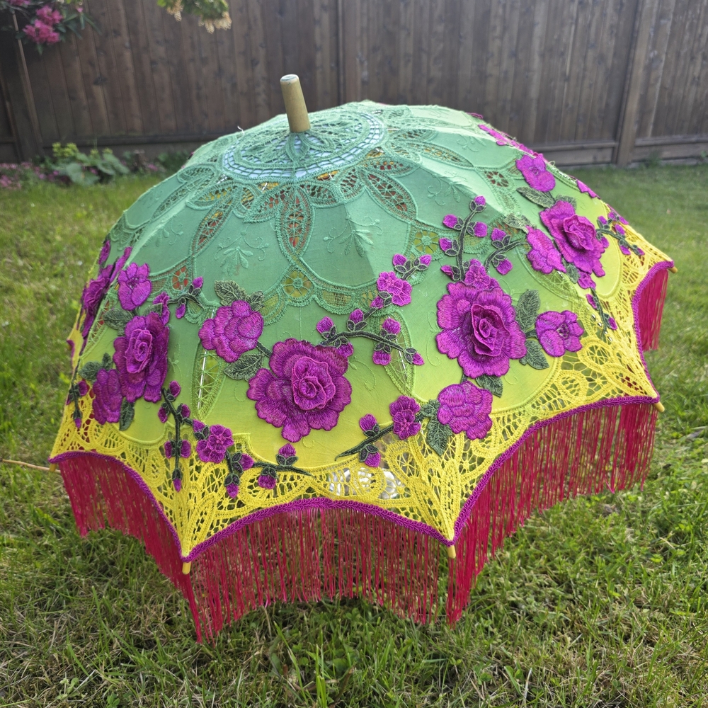 Floral Lace Parasol - Green, Yellow, and Pink
